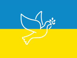 Ukrainan lippu ja rauhankyyhky. Kuva Terhi Pekkarinen